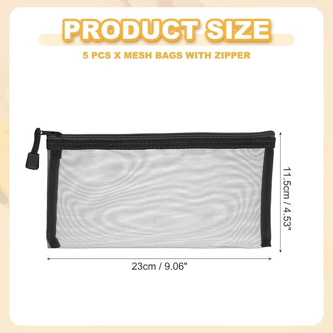 PATIKIL B6 Mesh Zipper Pouch Bags, 5 PCS Mesh Bags with Zipper Plastic Storage Pocket for Organizing File Beads Office Home Supplies, 11.5x23cm, Black