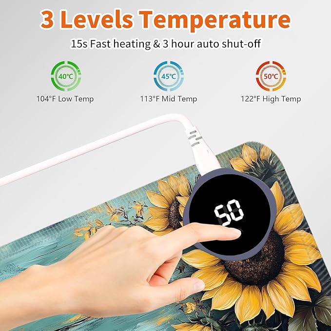Heated Mouse Pad,Warm Desk Pad with 3 Levels Heating & 3 Hours Auto Shut-Off, PU Leather Heated Desk Pad Warmer Pad for Home Office - 31.5 x 13 inch,Sunflower Blue Wood Grain