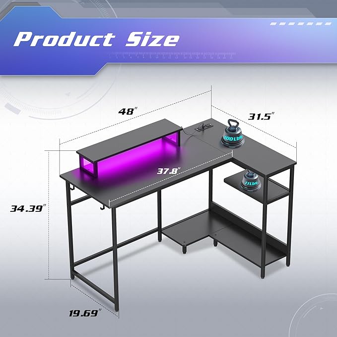 DEVAISE 47" L Shaped Gaming Desk with LED Lights and Power Outlets - Spacious Corner Computer Table with Monitor Stand and Storage Shelves for Work and Gaming, Black