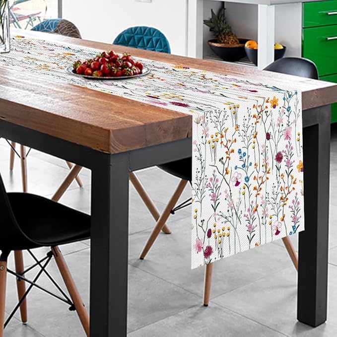 Watercolor Wild Flowers Table Runner, Seasonal Summer Holiday Kitchen Dining Table Decoration for Home Party Decor 13 x 90 Inch