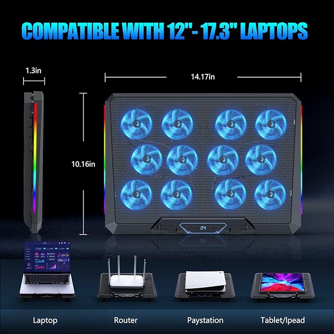Laptop Cooling Pad with 12 Quiet Fans, Slim Portable for 12-17.3 Inch Laptop Cooler Stand, RGB Lighting, with 5 Height Adjustable, Gaming Cooling Fan Pad,Two USB Ports, Phone Holder (LCD)