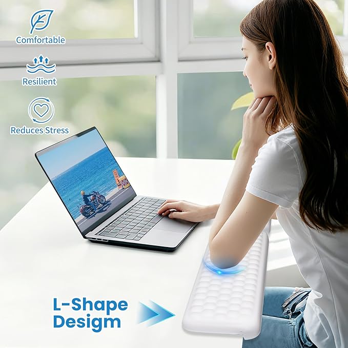 Arm Rest Pads for Desk – 2 Pack PU Leather Ergonomic L-Shaped Elbow Cushions with Non-Slip Base, Memory Foam Wrist & Arm Support for Office, Home, and Gaming (White)