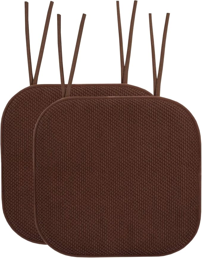 Sweet Home Collection Chair Cushion Memory Foam Pads with Ties Honeycomb Pattern Slip Non Skid Rubber Back Rounded Square 16" x 16" Seat Cover, 2 Pack, Chocolate Brown