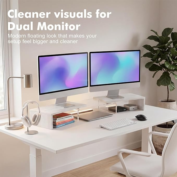Dual Monitor Riser, Acrylic Monitor Riser, Adjustable Angle & Length Computer Monitor Stand, Wide Desk Shelf for Top of Desk for Home Office_White Maple Look Small
