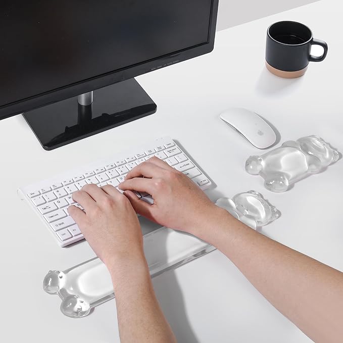 Gel Keyboard and Mouse Wrist Rest Set – Clear Wrist Rest for Computer Keyboard 60%/68%/75%, Comfort & Support for Typing and Gaming(Cute White Bear)