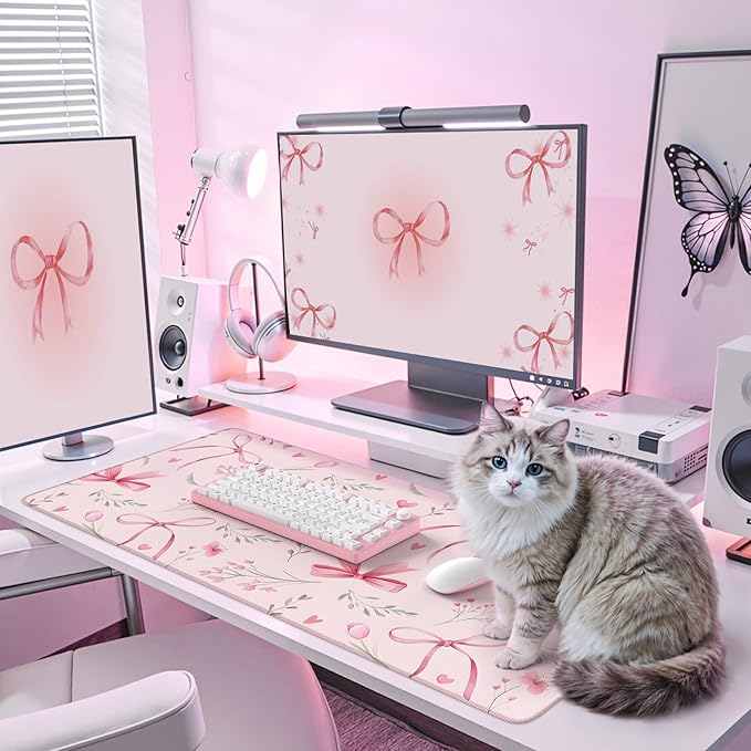 iCasso Pink Desk Mat,Cute Desk Pad for Women,Girly Bow Mousepad with Stitched Edges,Non-Slip Large Computer Mat for Study Gaming Home Office