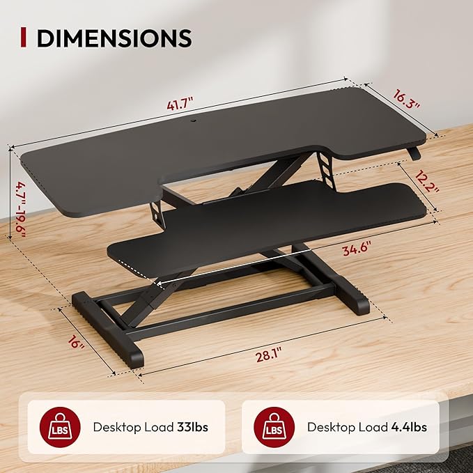 SANODESK 42" Extra Large Standing Desk Converter, Height Adjustable Sit Stand Riser with Wide Keyboard Tray, Dual Monitor Workstation for Home Office, Ergonomic Desktop Riser, Black