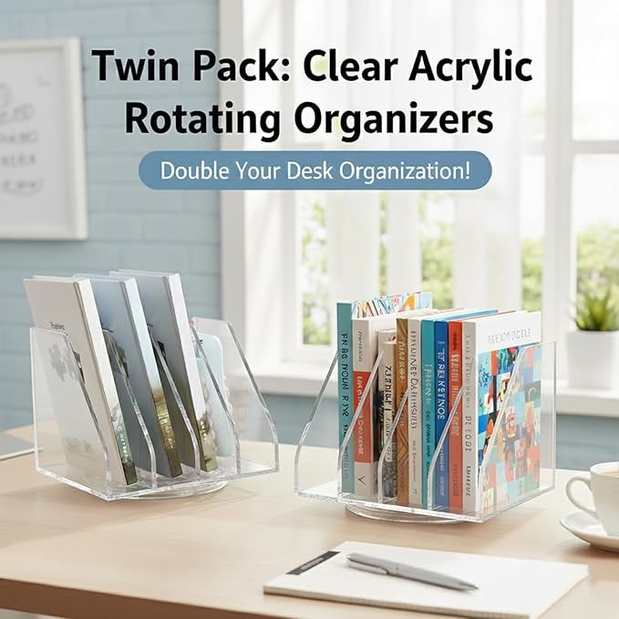 LIYAOLI Acrylic File Organizer with 4 Vertical Compartments, 360° Rotating Vertical Desk Organizer for Books, Folders, Magazines, Compact Clear Book Stand & Binder Holder for Office Desk Storage