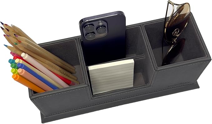 UnionBasic 4 Compartment Desk Organizer - Dual Pen Holder - Card/Pen/Pencil/Mobile Phone Office Supplies Holder (Grey)