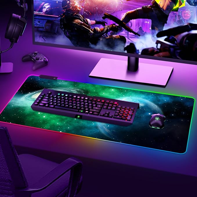 ARTSO Large RGB Gaming Mouse Pad, Led Big Mouse mat with 14 Light Modes, Extended Soft Computer Keyboard Mat Non-Slip Rubber Base, Green Planet Nebula