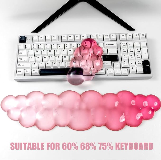 Ergonomic Cloud Silicone Gel Keyboard and Mouse Wrist Rest Set – Clear Wrist Rest for Computer Keyboard 60%/68%/75%, Comfort & Support for Typing and Gaming (White Pink)