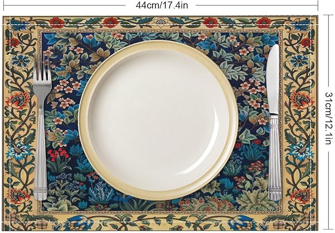 William Morris Floral Placemats Vintage Tree Art Style Boho Chic Retro Tree Linen Washable Table Mats Stain Heat-Resistant Desktop Decor Place Mats for Home Kitchen Dining Party 12x18 in 6 Pcs