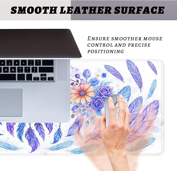 Boho Dreamcatcher Mouse Pad, Watercolor Purple Feather Floral Gaming Desk Mat Waterproof Stitched Edges Rubber Base Non-Slip Deskmap Computer Keyboard Mat, 31.5x11.8in Desk Home Office Gaming