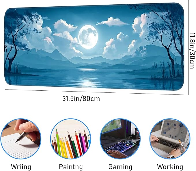 Mouse Pad, Moon Pattern, Non-Slip Rubber Base Gaming Mouse Pad for Home, Office, Gaming, Large 31.5x11.8 Inch Desk Pad