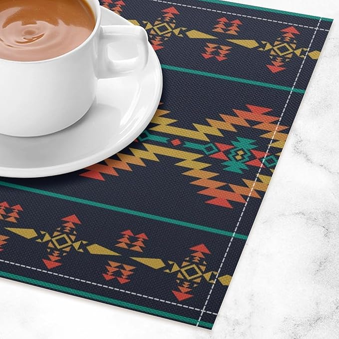Vintage Aztec Southwest Placemats Ethnic Style Design Boho Geometric Pattern Linen Washable Table Mats Stain Heat-Resistant Desktop Decor Place Mats for Home Kitchen Dining Party 12x18 in 6 Pcs