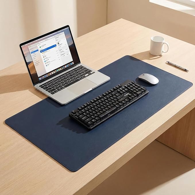 Leather Desk Blotter Pad 19.7 x 31.13 Inches, Flat, Non-Slip, Waterproof, Dark Blue