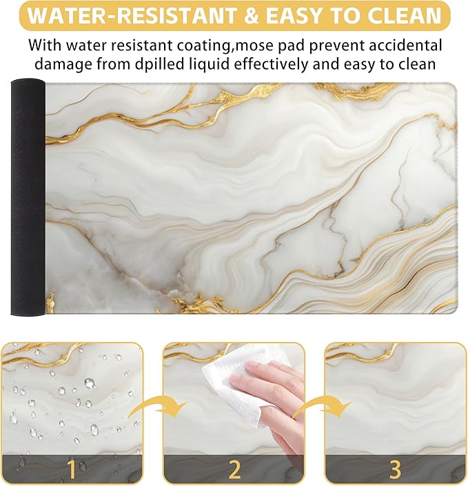 Large Mouse Pad White Gold Marble Texture Gaming Mousepad Desk Pad Mat for Keyboard and Mouse, Large Non-Slip Rubber Base Mousepad Desk Mat with Stitched Edges for Gaming Office, 31.5 x 15.8 in