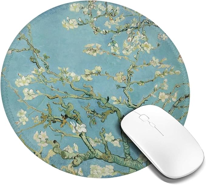 Van Gogh Almond Blossom Round Mouse Pad Premium Textured Mouse Mat Washable Mousepads with Extended Stitched Edges Non Slip Rubber Base Small Mousepad 7.9 * 7.9 * 0.12 Inches