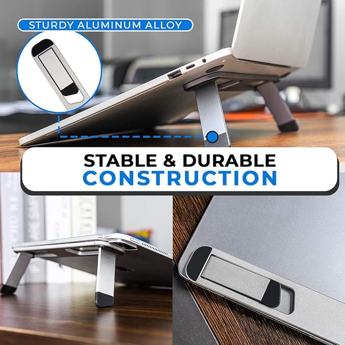Laptop Riser for Desk – Aluminum Foldable Laptop Stand for 10”-16” Models Including MacBook, MacBook Air, iPad, HP and More – Self-Adhesive Portable Laptop Stand with Non-Skid Feet