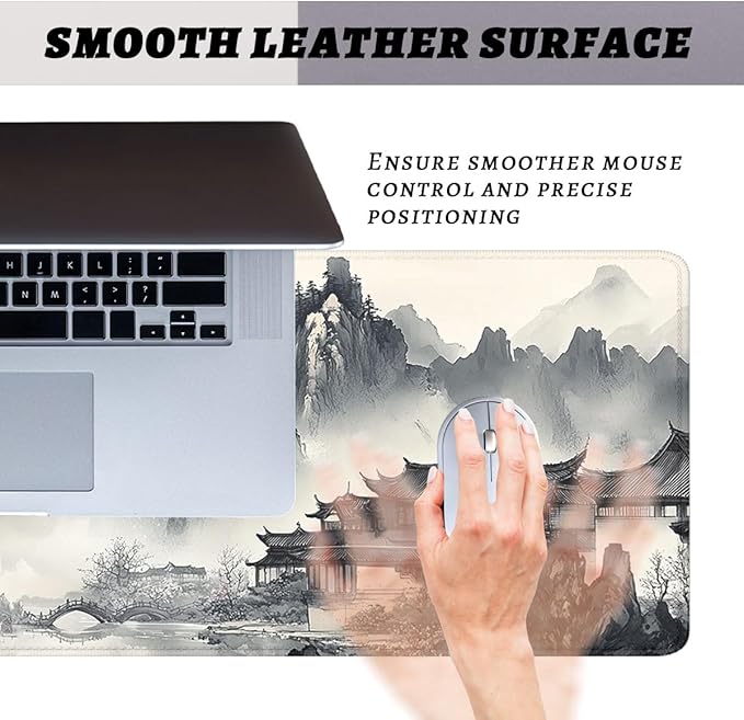 Japanese Ink Gaming Mouse Pad Black White Zen Mountain Landscape Large Gaming Mouse Mat with Stitched Edges,Non-Slip Waterproof Rubber Base Mous Mat 31.5"x11.8"