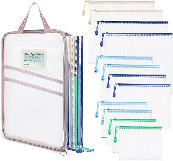 12-Pack Mesh Zipper Pouch Set with 1 Organizer Bag, 3 Sizes (A4, A5, B6) Clear Waterproof File Bags for Travel Organization, Journaling & School Office Supplies (13pcs)