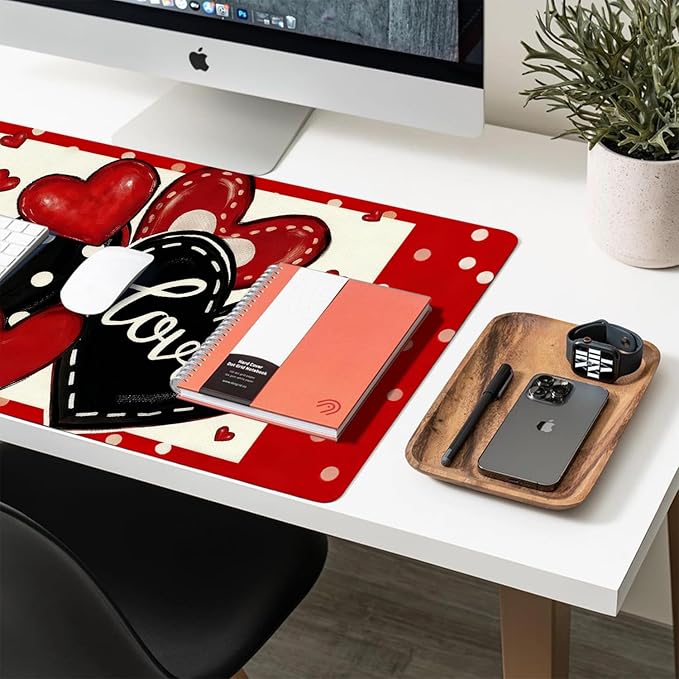 Valentine‘s Day Mouse Pad PU Leather Red Peach Heart Desk Mat Large Waterproof Gaming Pad Non-Slip Keyboard Mouse Pad Writing Pad for Gamer Office&Home