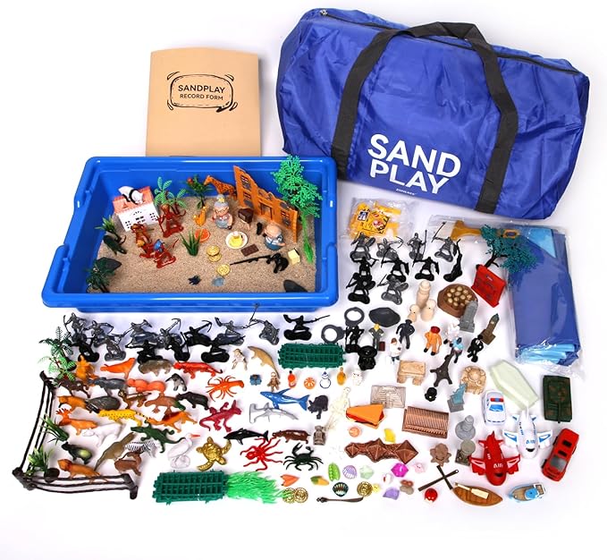 zoneree Sand Tray Therapy Portable Starter Kit: Foldable Professional Therapy Sandbox with 205 Sandtray Miniatures (Including Record Form)