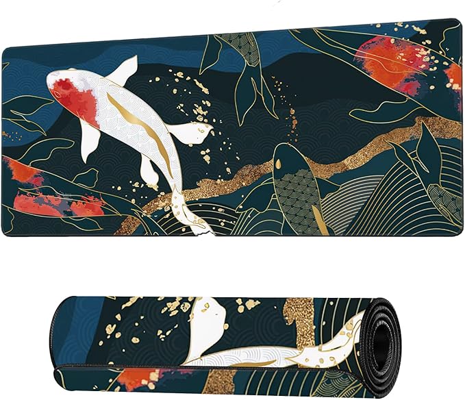 Watercolor Japanese Koi Fish Extended Gaming Mouse Pad Large Desk Mat with Non-Slip Rubber Base and Stitched Edges,Keyboard Mouse Mat Desk Pad for Work,Game,Office,Home 35.4 * 15.7 Inch