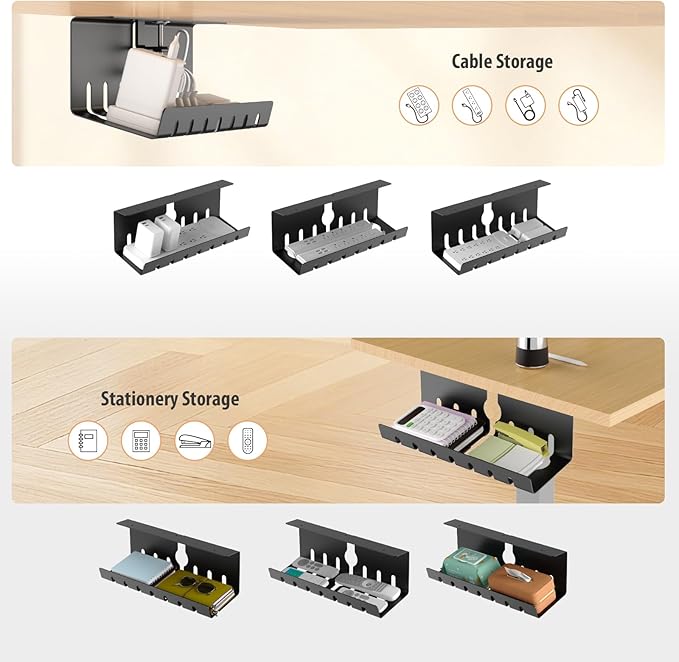 Syeeiex Under Desk Cable Management with No-Drill C-Clamp & Screw Mount, 17'' Metal Under Desk Cord Organizer, Cable Management Tray for Office/Home workspace (Black, Set of 2)