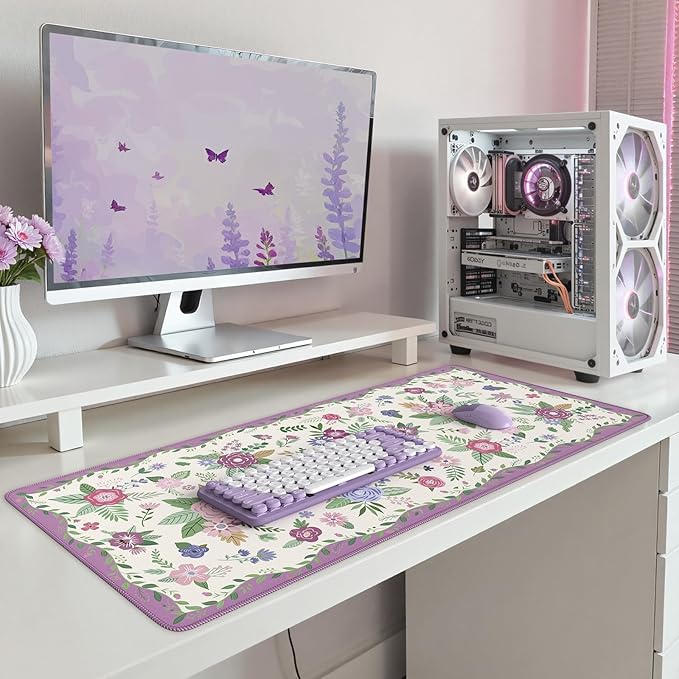 iCasso Floral Desk Mat for Keyboard and Mouse,Cute Gaming Mouse Pad XXL,Anti-Slip Desk Matt for Desktop,Soft Lycra Surface Computer Mat Women,Girly Big Mousepad for Home Office (Purple Floral)