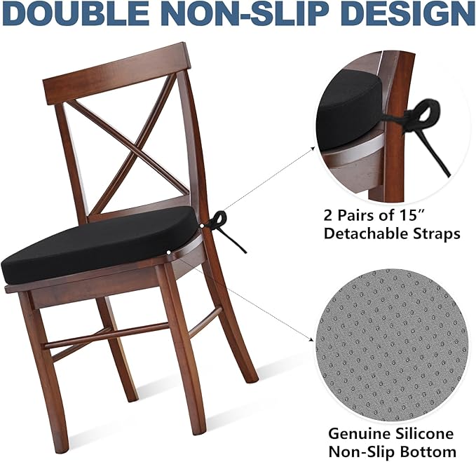 Shinnwa Chair Cushions for Dining Chairs 6 Pack, Non-Slip Kitchen Chair Cushions with Detachable Straps and Machine Washable Cover, Set of 6, 17x16x2in, Black