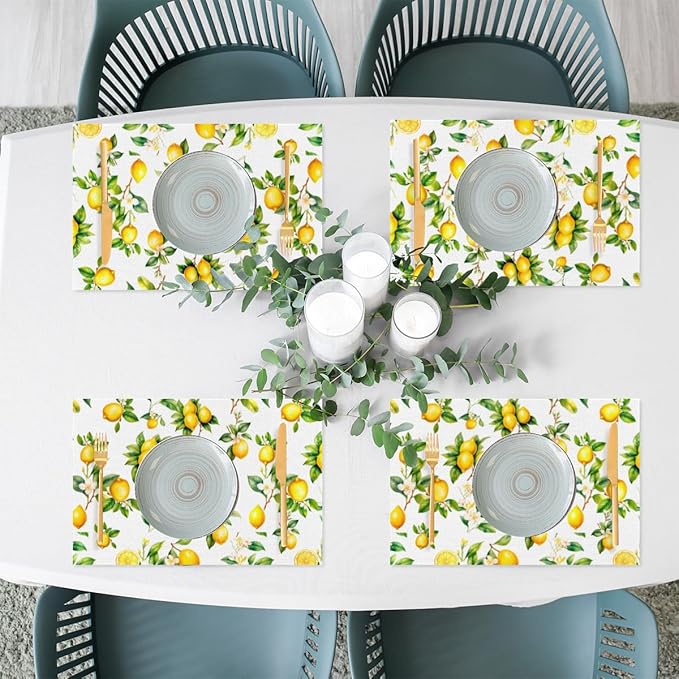 Placemats Set of 4 Heat-Resistant Rectangle Place Mats Tropical Lemon Washable Plastic PVC Dining Table Mat Non-Slip Wipeable Woven Vinyl Placemat for Kitchen Patio Table Decor