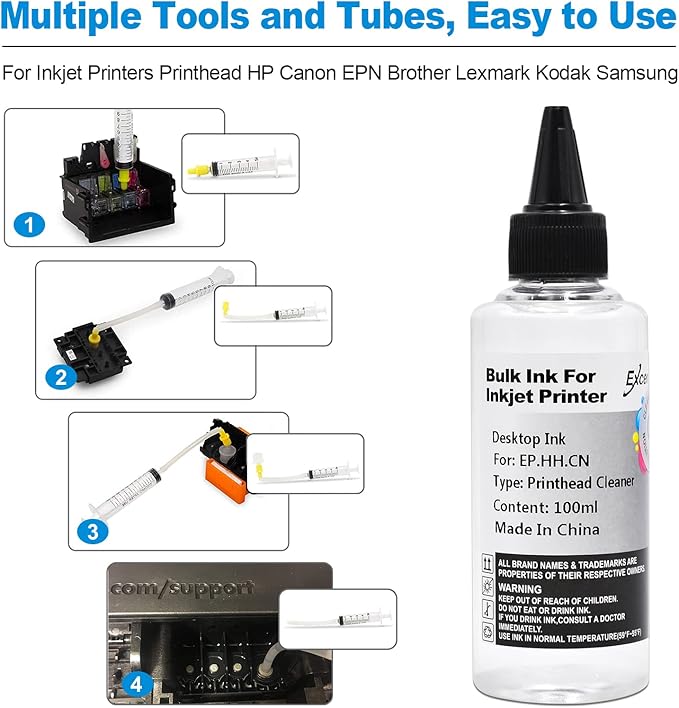 Printhead Cleaning Kit Compatible for Brother Epson HP Canon Nozzle Inkjet EcoTank Officejet Deskjet Pixma Printers-Liquid Printers Head Cleaning Suit Solution 100ml, 10ml Premium Syringe