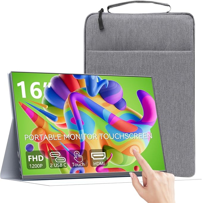 16 Inch Touchscreen Portable Monitor, 1920x1200 FHD IPS, USB-C HDMI, Built-in Speakers, Ultra-Slim Metal External Display for Laptop Mac Phone PS5 Xbox Switch