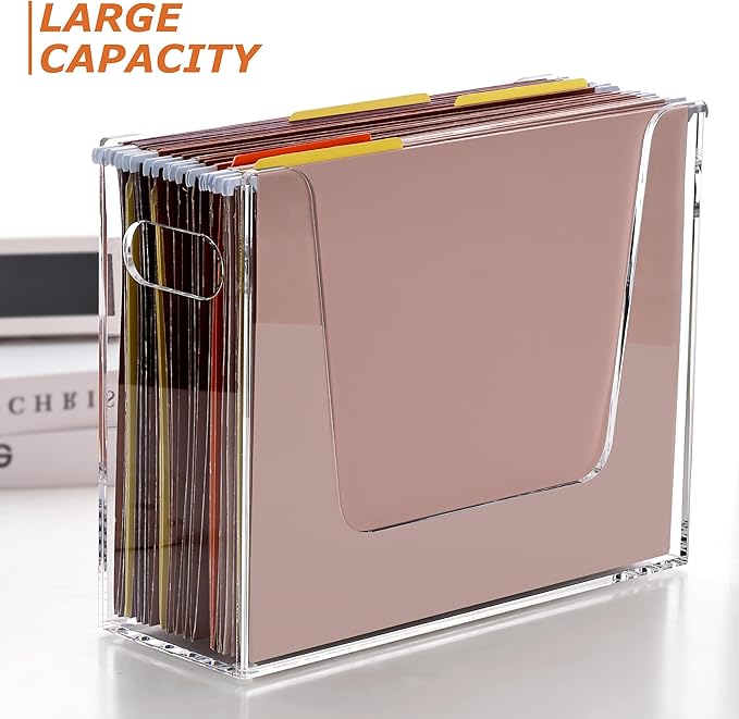 Acrylic Hanging File Organizer, Letter Size Clear File Folder Holder with Handle, Portable Storage Organizer Box for Desk Home Office (No Assembly Required)