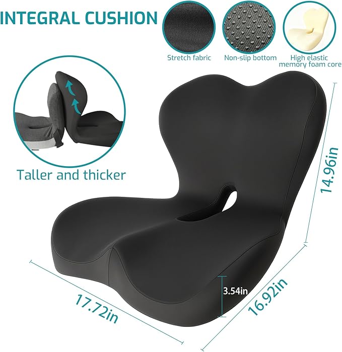 Memory Foam Seat Cushion,Office Chair Cushion with Lumbar Support for Back Pressure Relief, Car Seat Cushion with Adjustable Strap,Sciatica Pad Cushions for Car,Truck, Desk (D-Black)