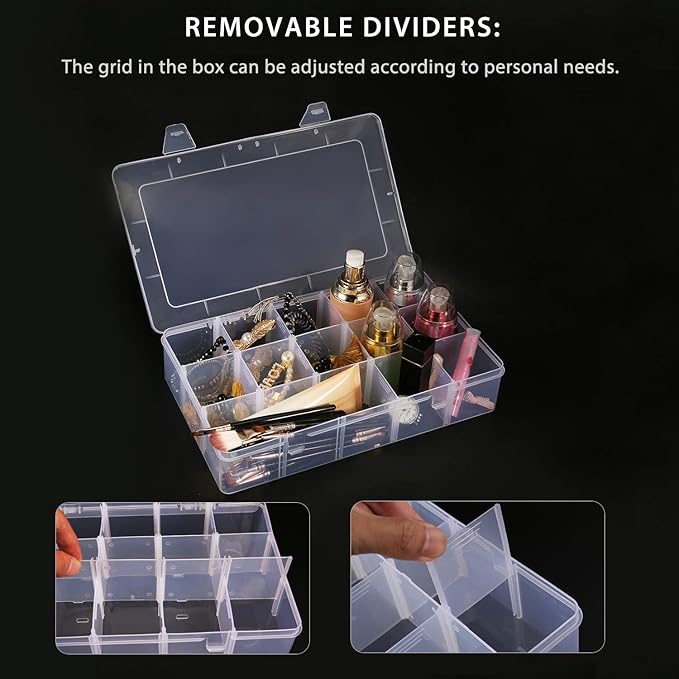 Umirokin 2 Pack 15 Grids Clear Plastic Organizer Box with Adjustable Dividers, Craft Storage Containers for Jewelry, Beads, Screws, Tackle Box, Washi Tapes, Small Parts Organizer for Arts and Crafts