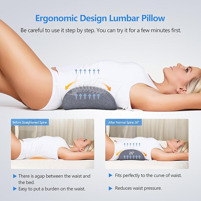 Cozyhealth Lumbar Support Pillow for Sleeping, Heated Lower Back Pillow with Graphene Heating for Lower Back Pain Relief, Memory Foam Mild Support Back Waist Cushion for Bed and Chair (Dark Grey)