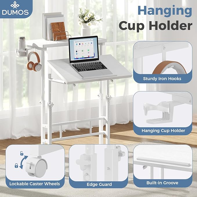 DUMOS Split Top Rolling Standing Desk, 23.6" Mobile Laptop Desk, Manual Height Adjustable Workstation on Wheels, Sit Stand Office Table, Walking Pad Study Desk,White