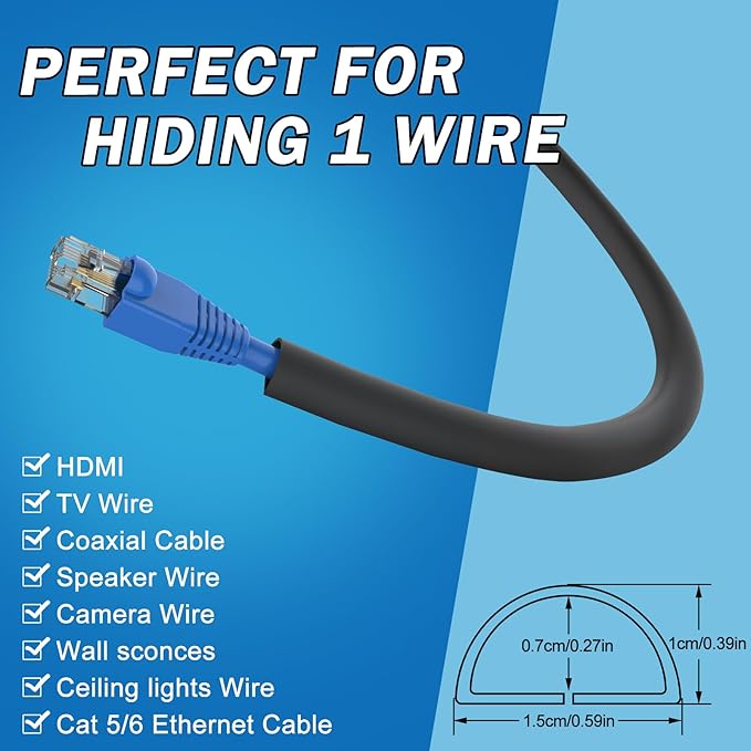 UOMTFAI Wall Cord Hider 78 Inch - Self-Adhesive Wire Cover Raceway for Walls, Flexible PVC Cable Concealer for Home and Office, W0.59 H0.39in - Black