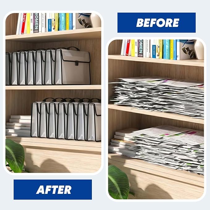 AmazingSpark 4 Pcs 11 x 17 Inch Folder Expandable Tabloid Size Document Organizers with Handle, Snap Closure & Label, Clear Plastic Expanding File Folder for A3 Ledger Size Plots Charts (Black)