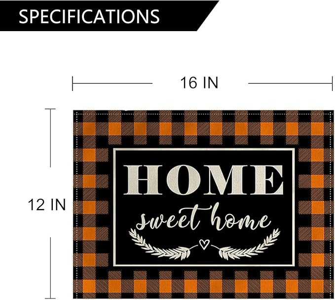 4Pack Farmhouse Decor Placemats Orange White Buffalo Plaid Kitchen Inspirational Quotes Decor Table Mats Waterproof Heat Resistant Washable Non-Slip Place Mats for Dinner Kitchen Decor Table 12”×16”