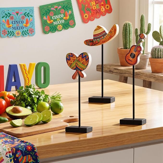 Smile Cinco De Mayo Tabletop Standing Wooden Decor Mexican Fiesta Figures (Sombrero, Guitar, Maraca) with Wooden Base & Sticks for Tiered Tray & Party Display