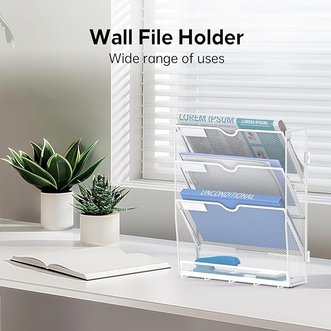 Wall File Organizer - Hanging File Organizer with 5 Hooks, Mail Holder Wall Mounted for Papers, Folders, Magazines, Bills, 4 Tier Office&School Organization, White