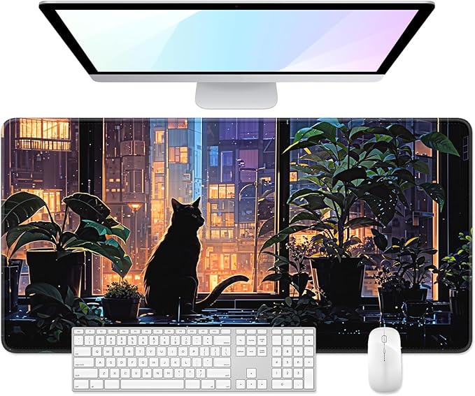 Desk Pad, 32" x 16" XXXL Extended Large Gaming Mouse Pad, Desktop Decor Desk Mat, Men Women Office Supplies and Accessories, Cute Anime Mouse Mat for Laptop & Keyboard, City Cat