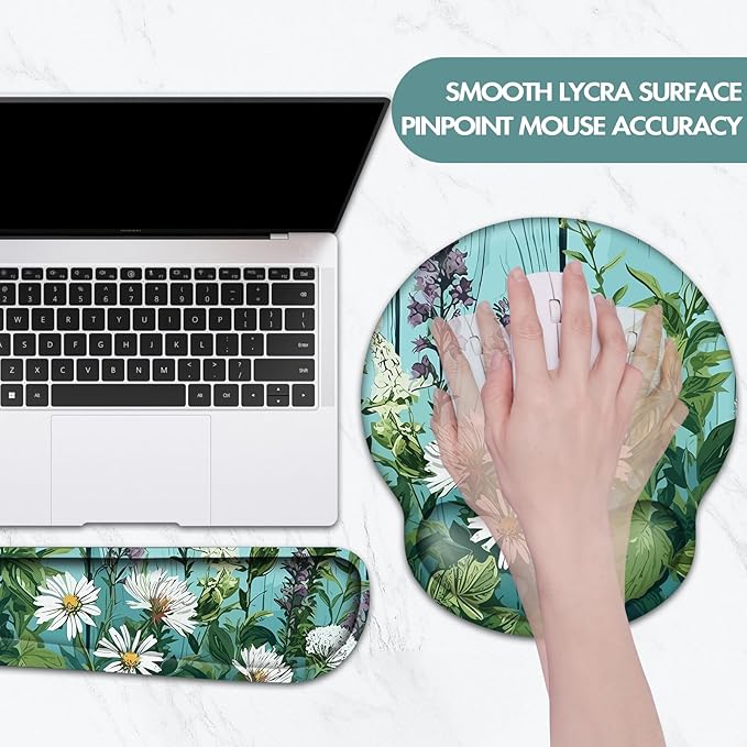 Keyboard Wrist Rest, Ergonomic Mouse Pad Wrist Support, Memory Foam Wrist Rest, Anti-Slip Base, Mousepad with Coaster for Computer Keyboard Office Home, Green Plant Flowers