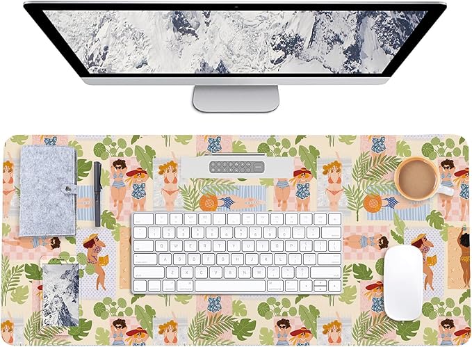 AUPET Leather Large Mouse Pad Desk Blotters – 35 x 17in Cute Desk Mat with PU Surface, Non-Slip Desk Pad Protector,Waterproof Desk Writing Pad for Office Home (Beach Sunbathing)