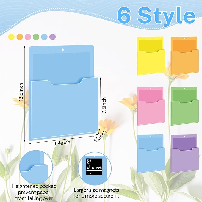 Fuutreo 6 Pcs Magnetic Wall File Organizer Magnetic Wall File Holder Refrigerator Magazine Holder for Mail Letters Paper (Macaron Color,Vertical-large)