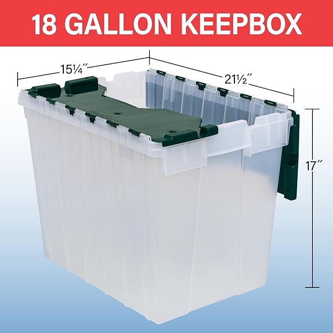 Akro-Mils KeepBox 18 Gallon Storage Container, Nesting and Stackable Plastic Storage Box with Lid Attached, Clear Tote for Garages, Closets, and Moving, 21" x 15" x 17", Clear/Green, 3-Pack