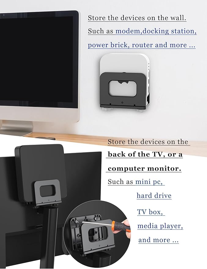 Adjustable Wall Mount Shelf Holder for Mini pc, WiFi Router, Modem, Universal Cable Box Mount Fit for Mac mini, TV Box, Media Players and Other Devices with Thickness Up to 65 mm (Black)